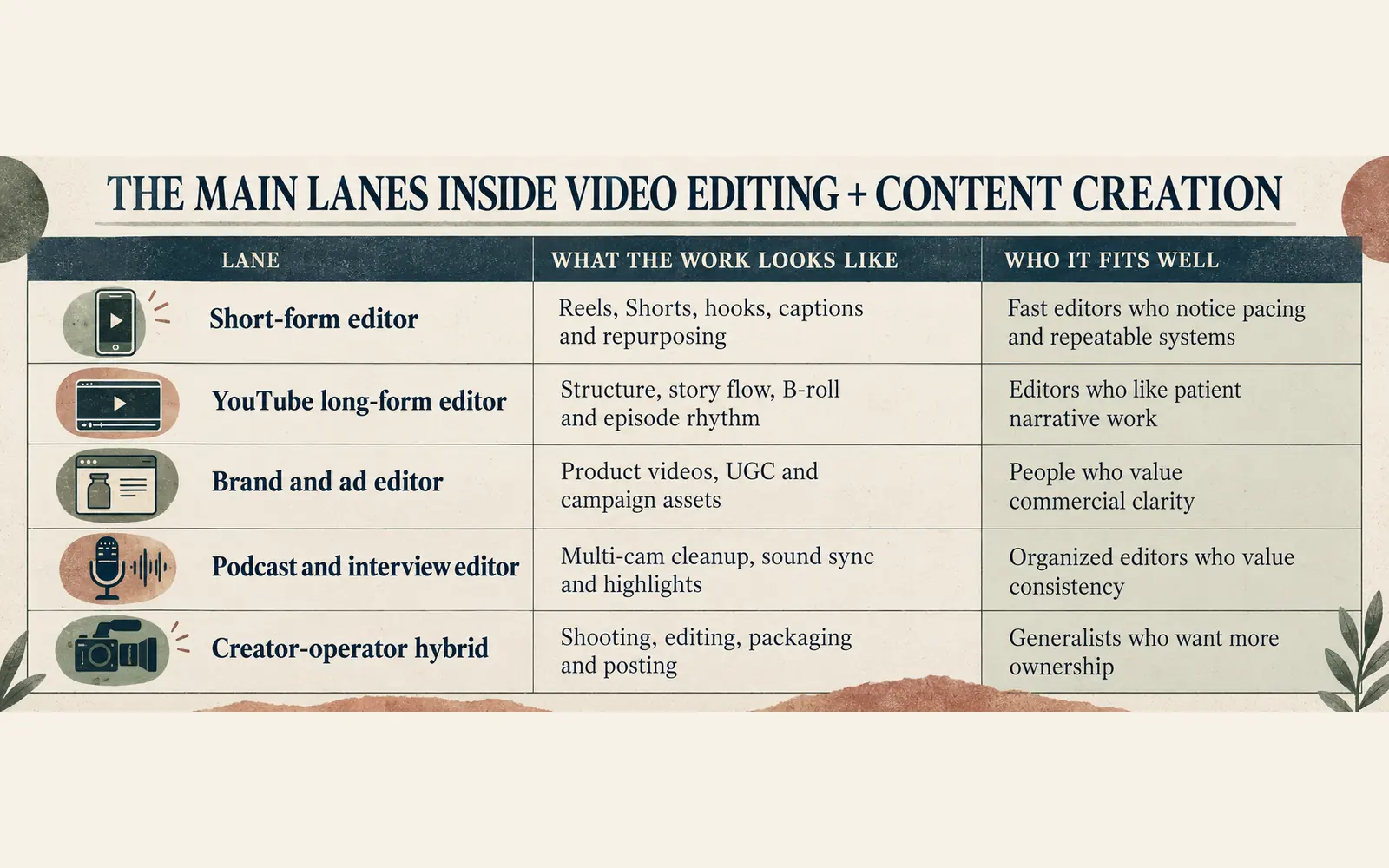 Comparison table showing short-form, YouTube long-form, brand and ad, podcast and interview, and creator-operator editing lanes with their work and fit.