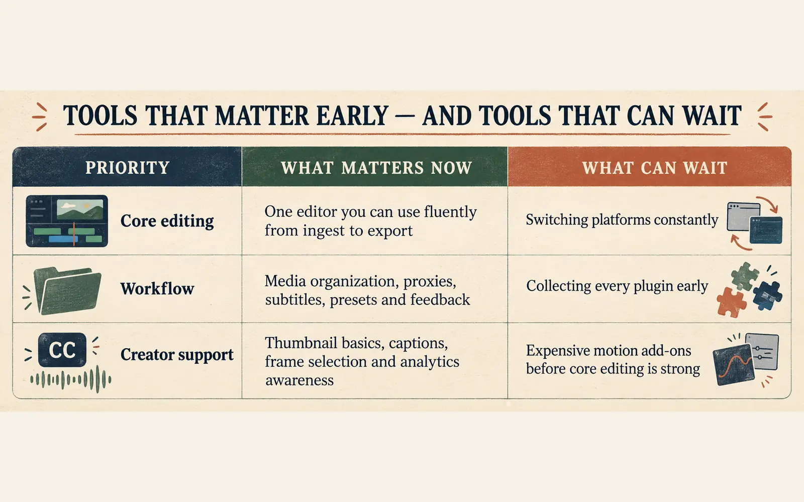 Comparison table showing which video editing priorities matter now-core editing, workflow and creator support-and which tools can wait.