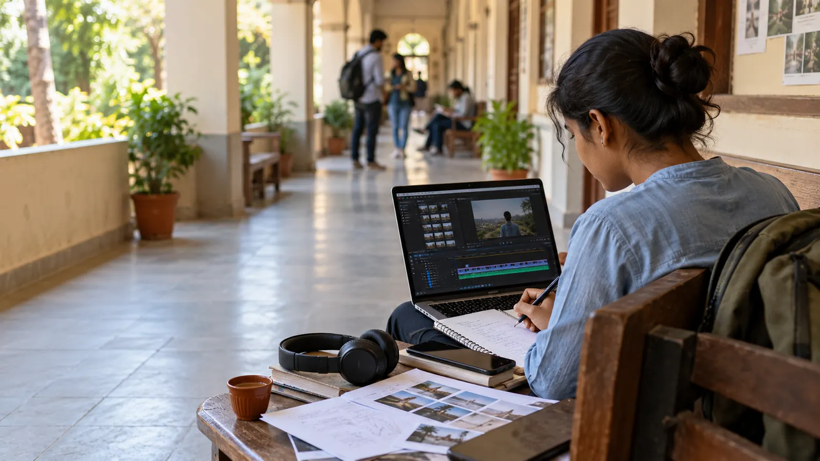 An Indian learner edits a small video project on a laptop while seated on a college corridor bench with headphones, notebooks and printed visual samples.