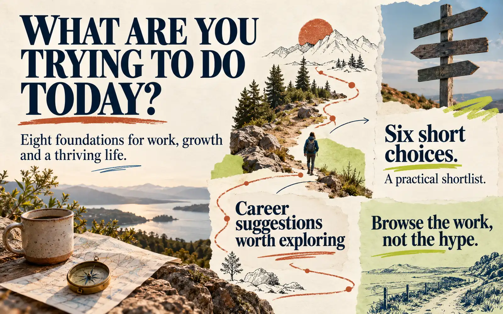 Editorial overview showing the Compass questions, eight foundations, a practical shortlist, career suggestions and browsing work without hype.