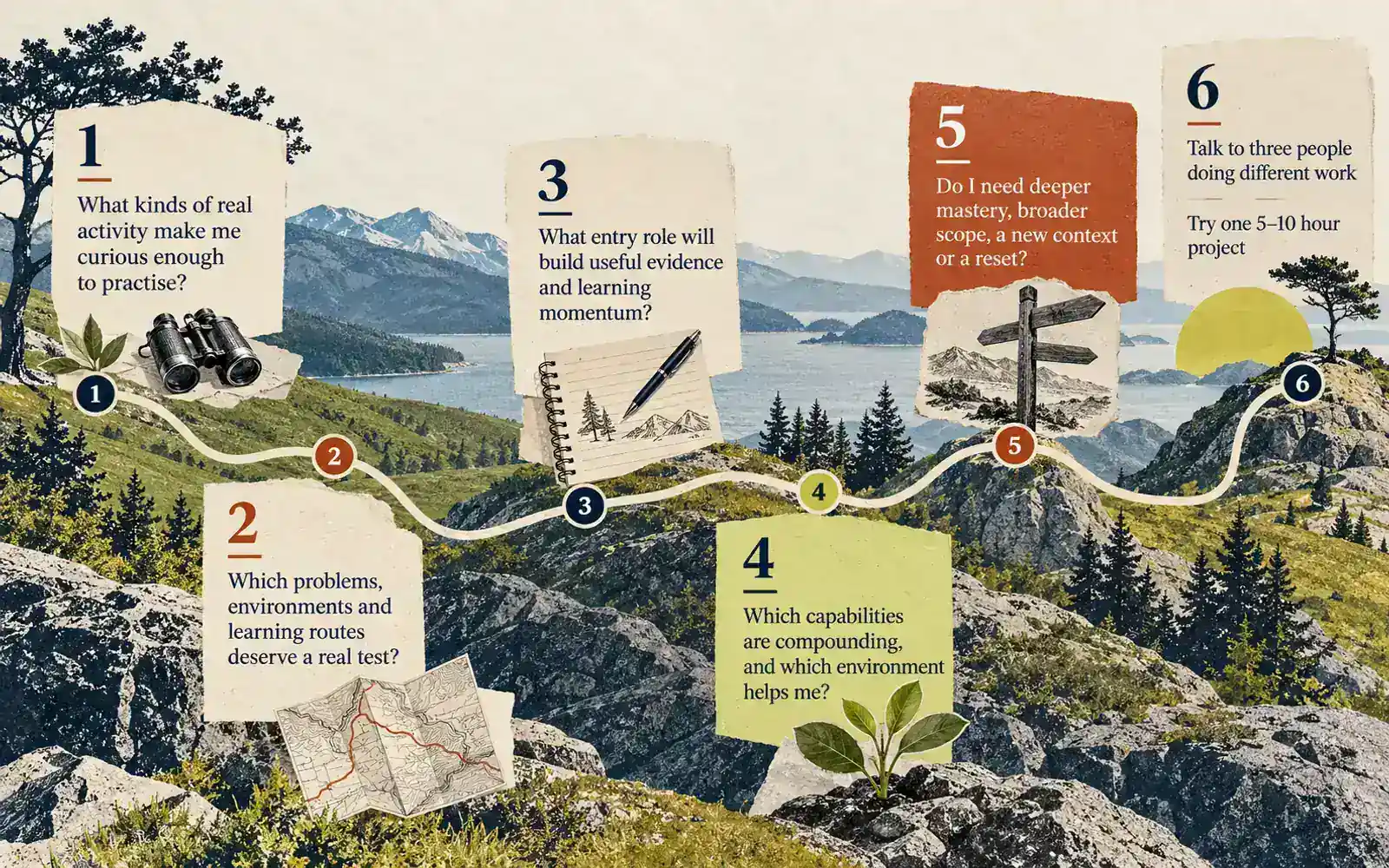 Six-stage career learning path from curiosity and testing through entry evidence, compounding capabilities, a possible reset, and practical conversations and projects.