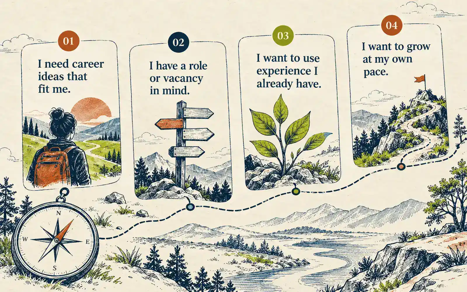 Four connected route choices: career ideas that fit, a role or vacancy in mind, experience already gained, and growth at a chosen pace.