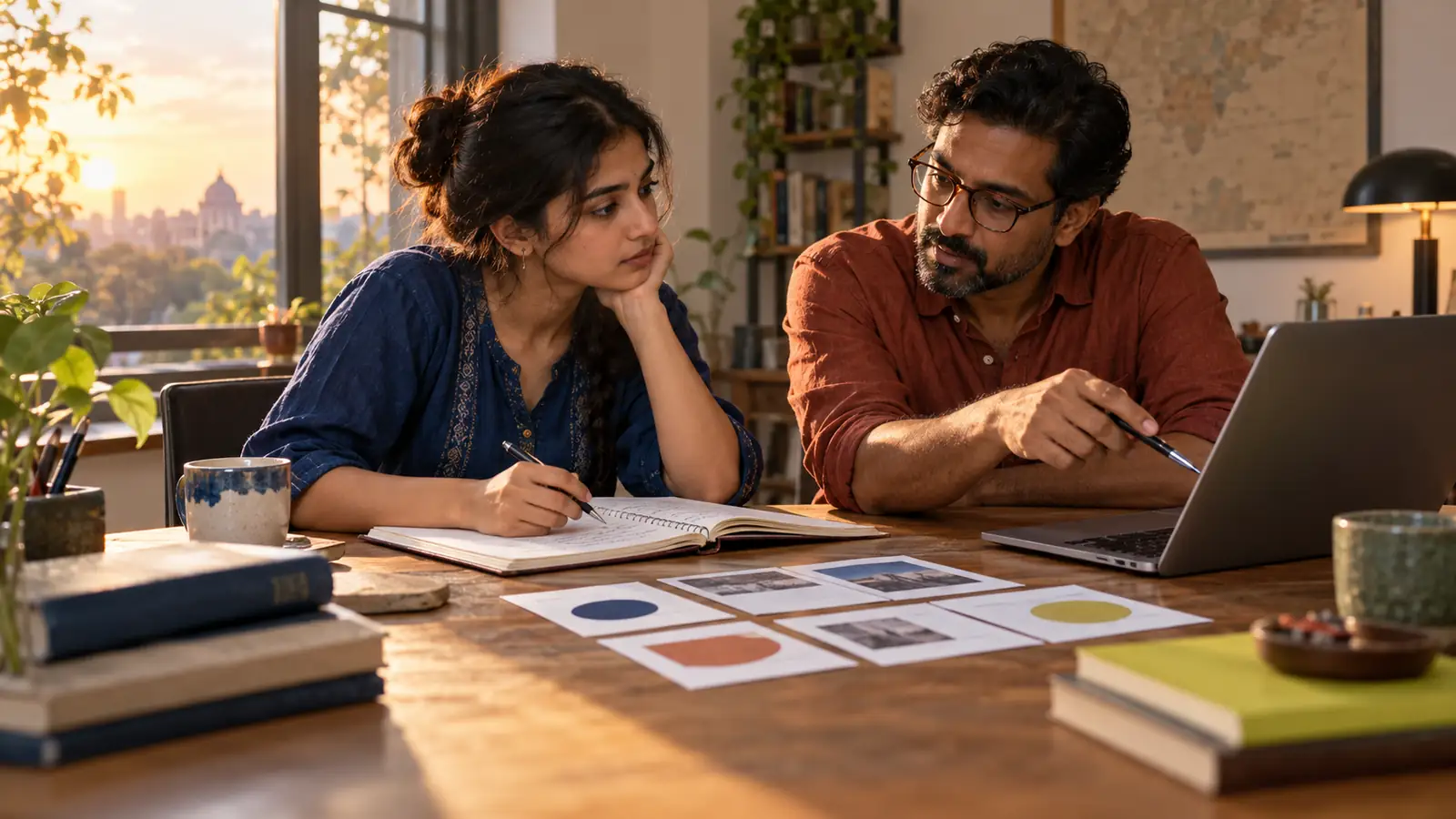 A graduate and an experienced professional compare career options around a table with a notebook, role cards and a laptop.