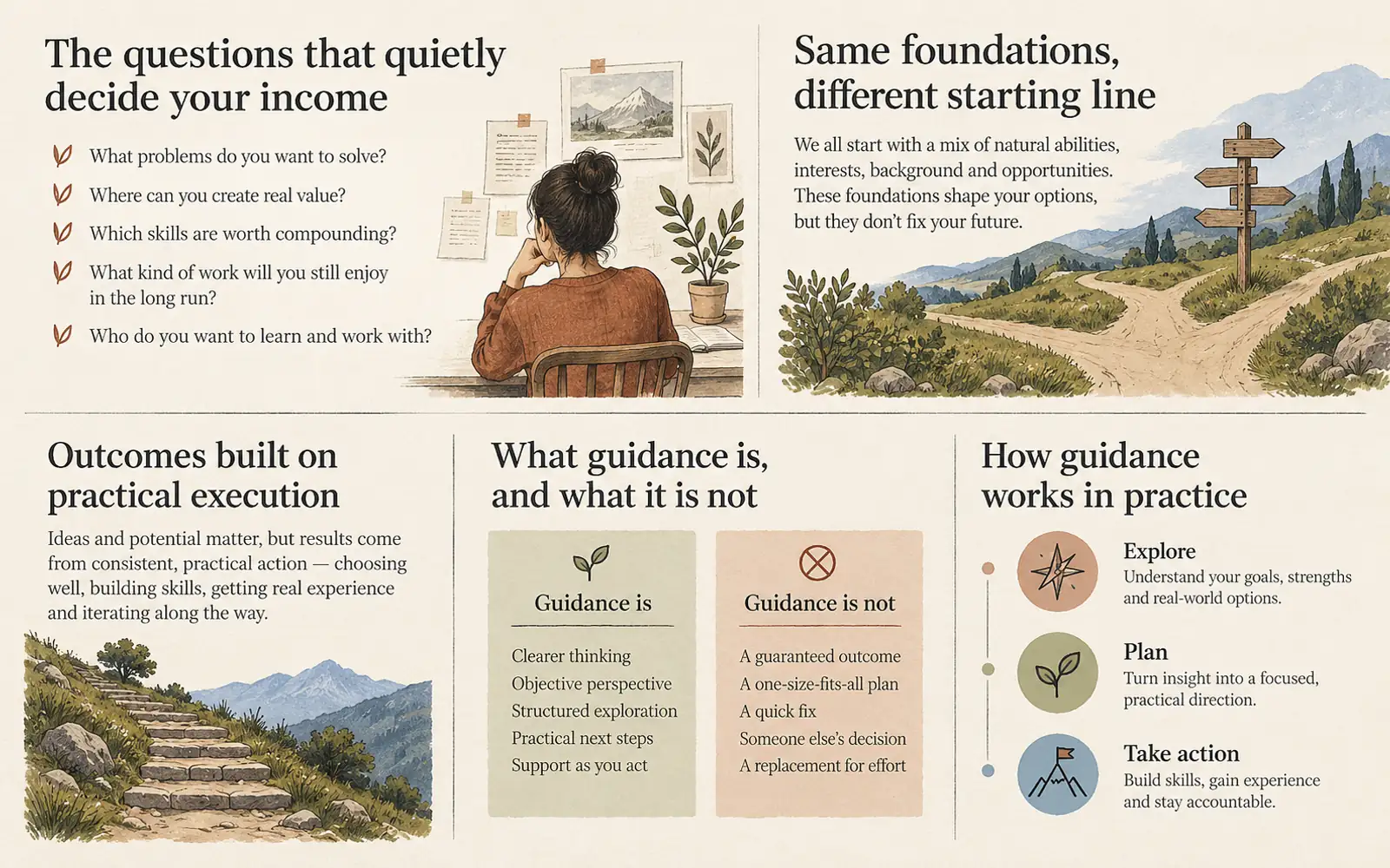 At-a-glance summary showing the questions that shape income, practical execution, clear guidance and a high-value skill path