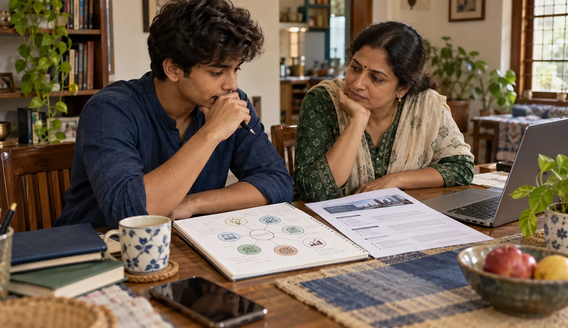 Indian parent and young adult reviewing a practical career decision at home
