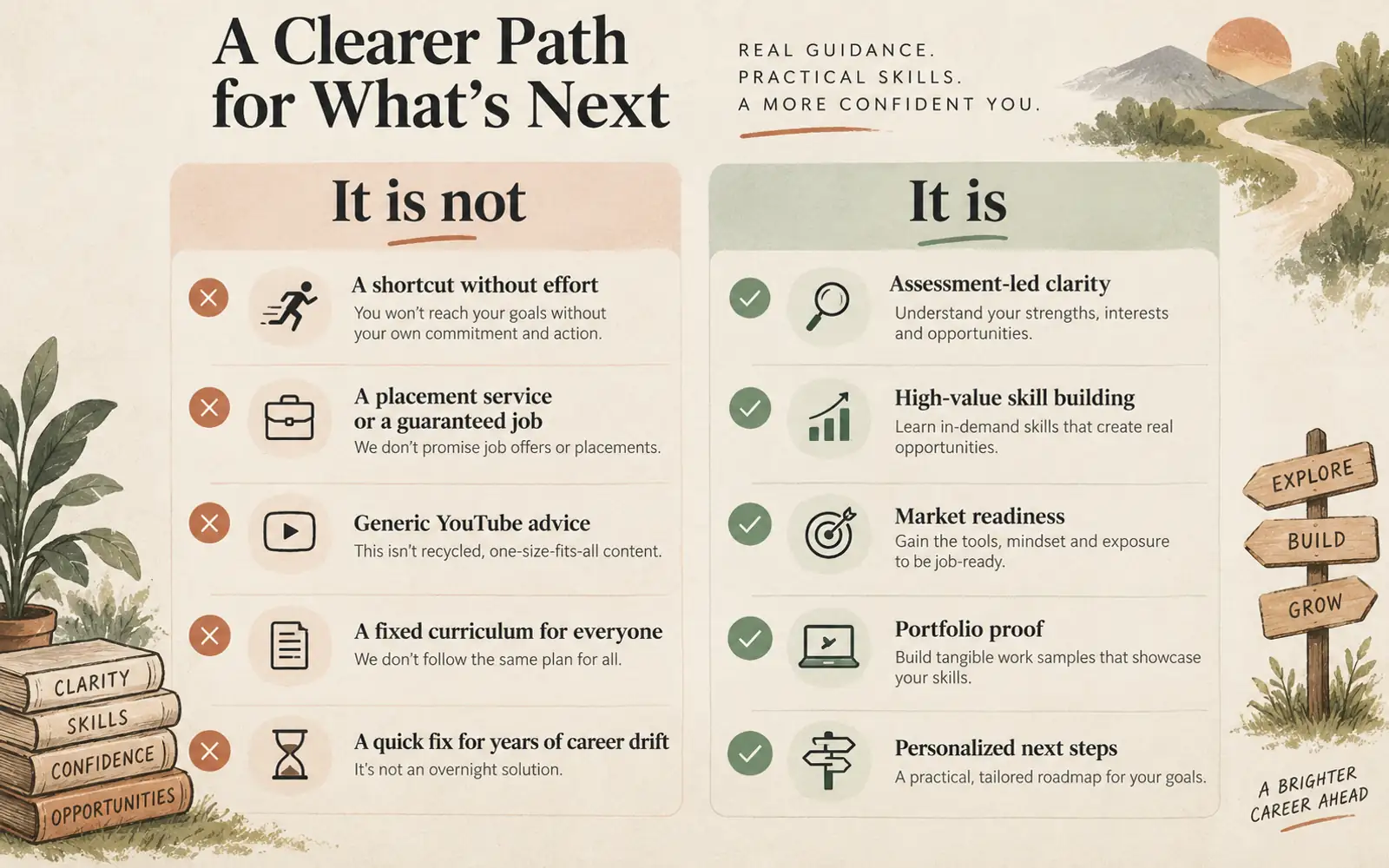 Checklist comparing what practical career guidance is not with what it is: assessment-led clarity, skill building, market readiness and personalized execution