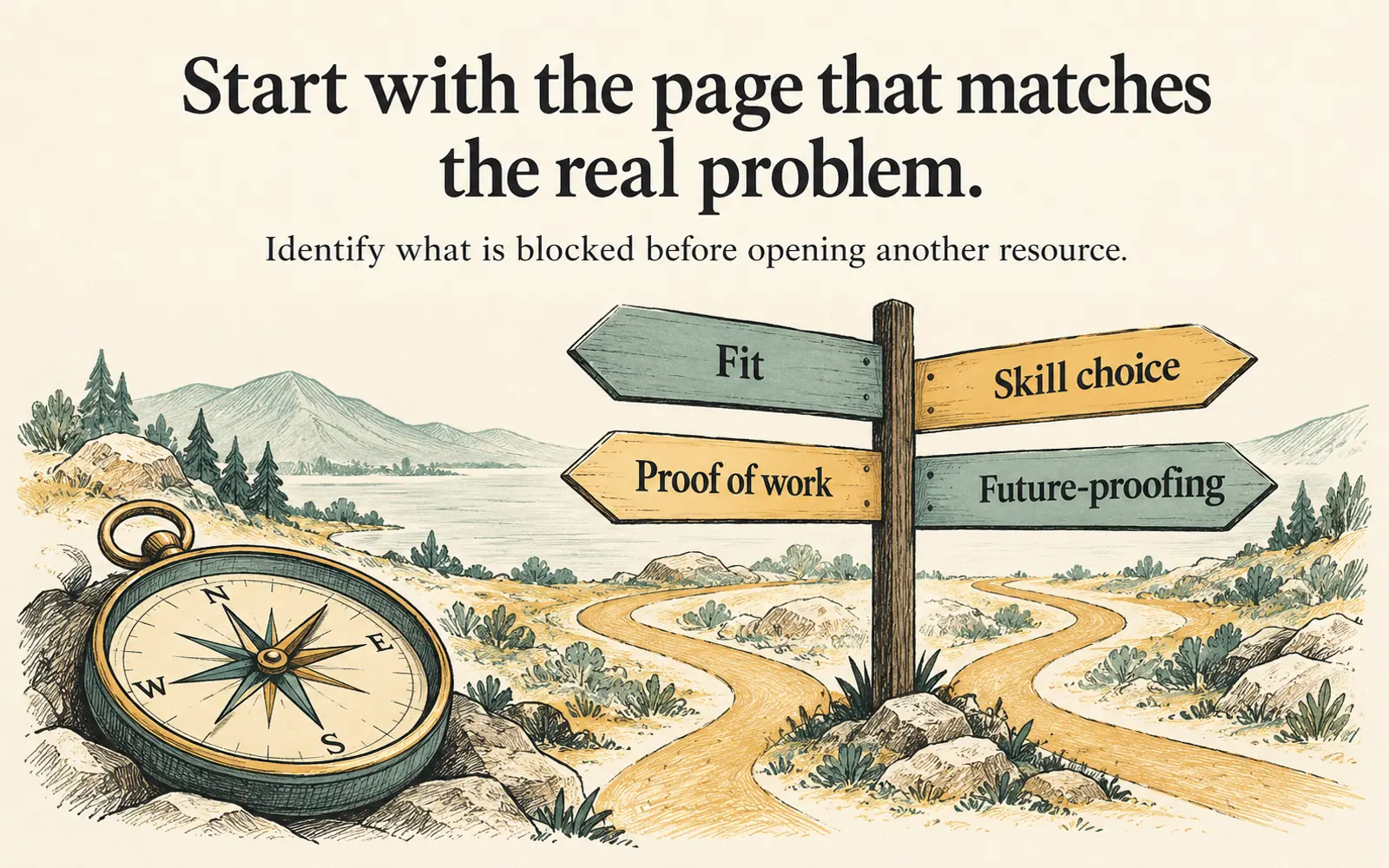 Chooser showing four resource starting problems: fit, skill choice, proof of work, and future-proofing