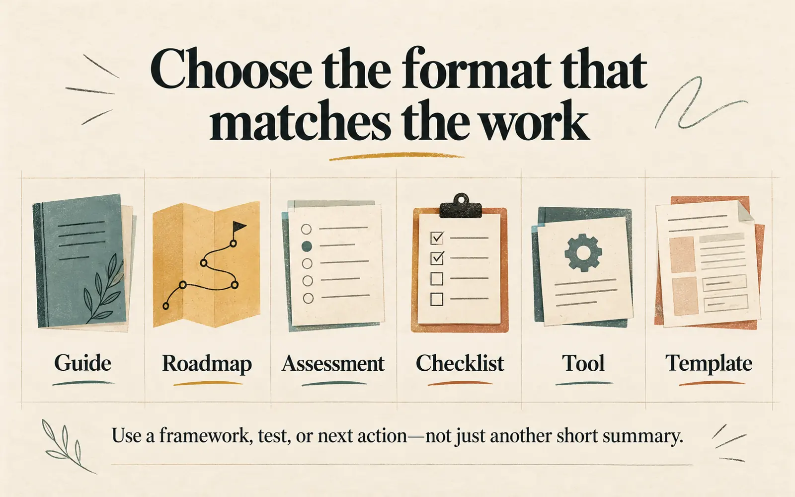 Resource format map showing guides, roadmaps, assessments, checklists, tools, and templates