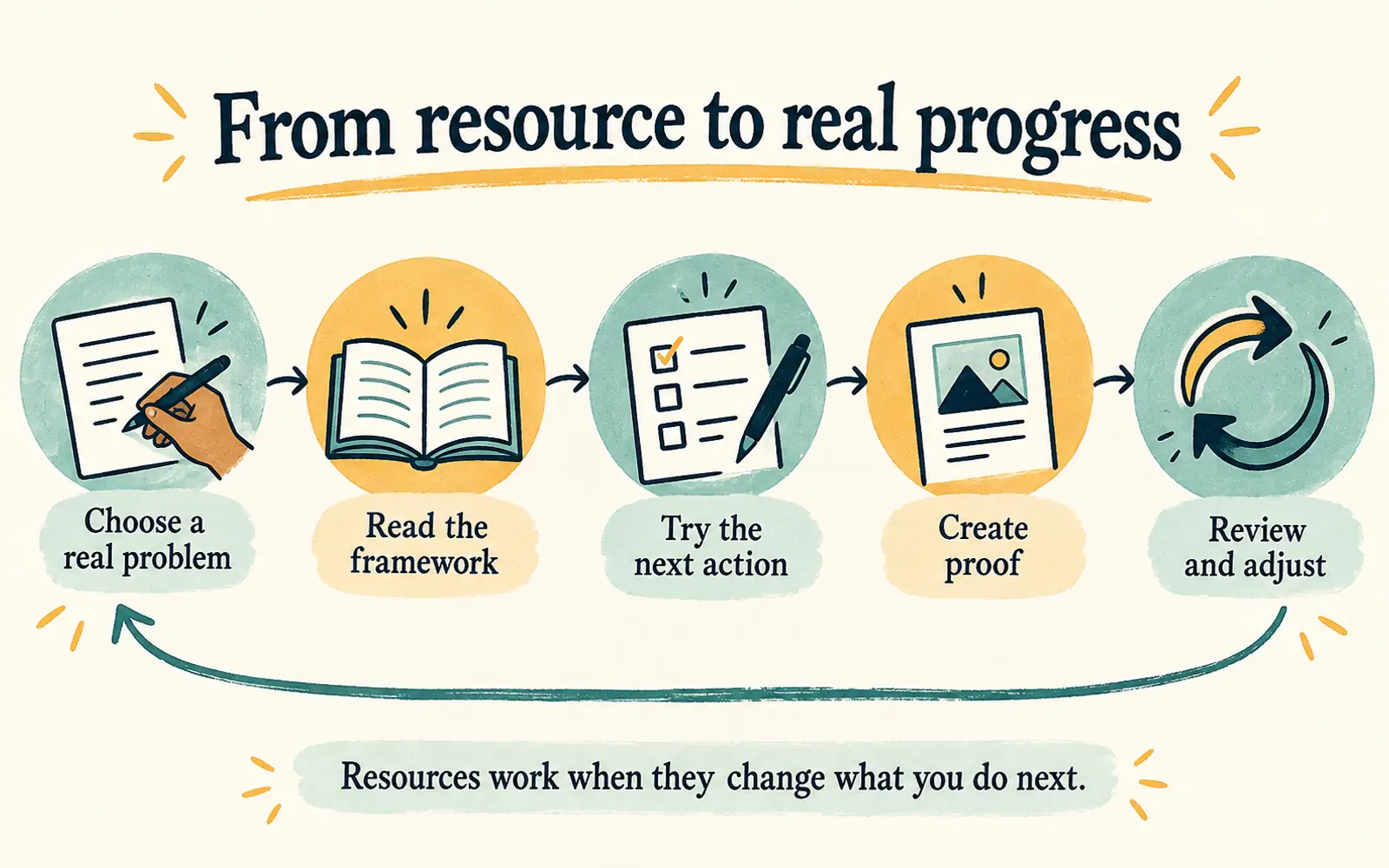 Linear loop from choosing a real problem through reading a framework, trying the next action, creating proof, and reviewing progress